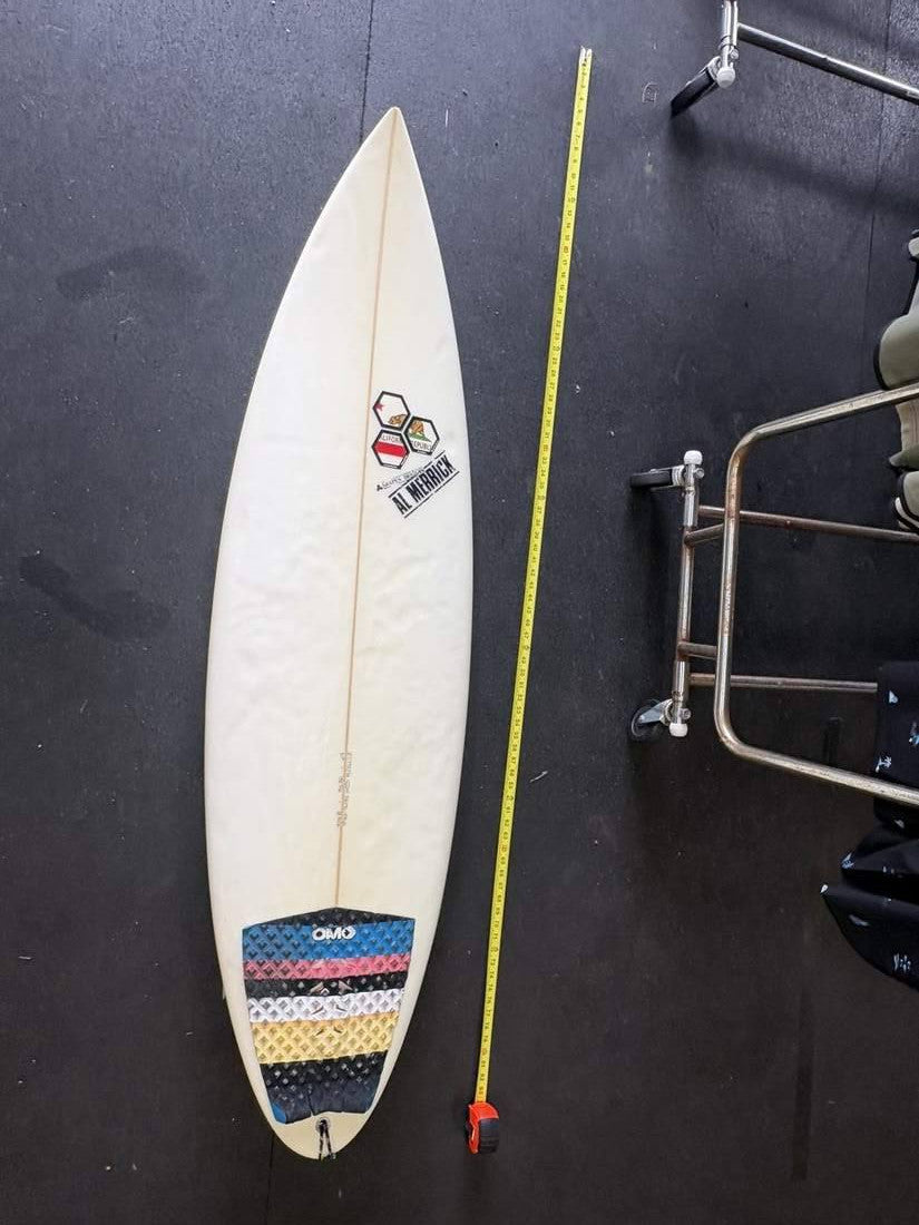 Channel Islands · 6'2" Deck; nose up; yellow tape right