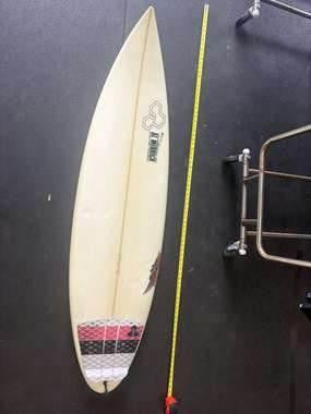 Channel Islands · 6'2" Deck, nose up and tape on right