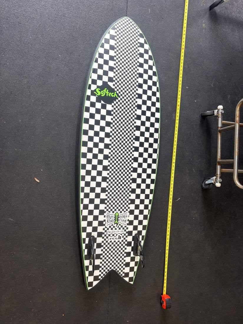 Softech · 5'8" — Bottom, nose up, tape on right