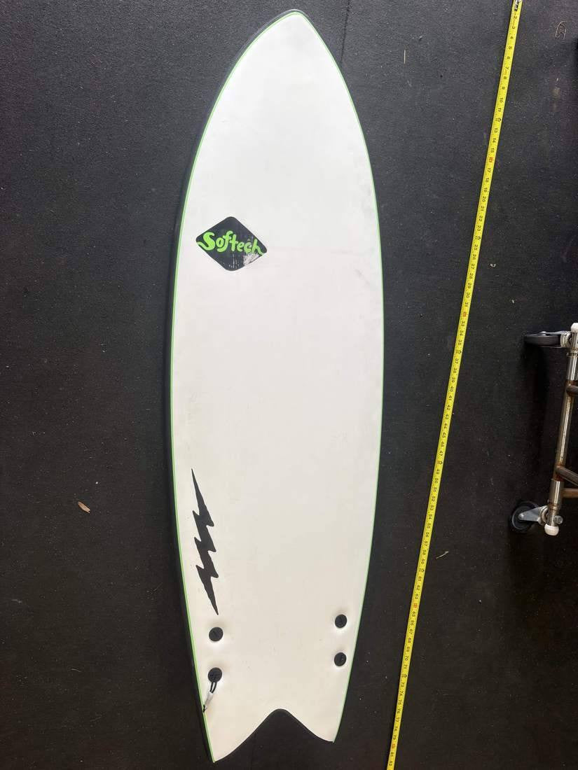 Softech · 5'8" — Deck, nose up, tape on right