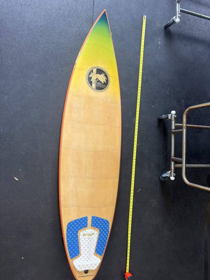 Bamboo Surfboards Australia · 6' 6" — Deck, nose up, tape on right