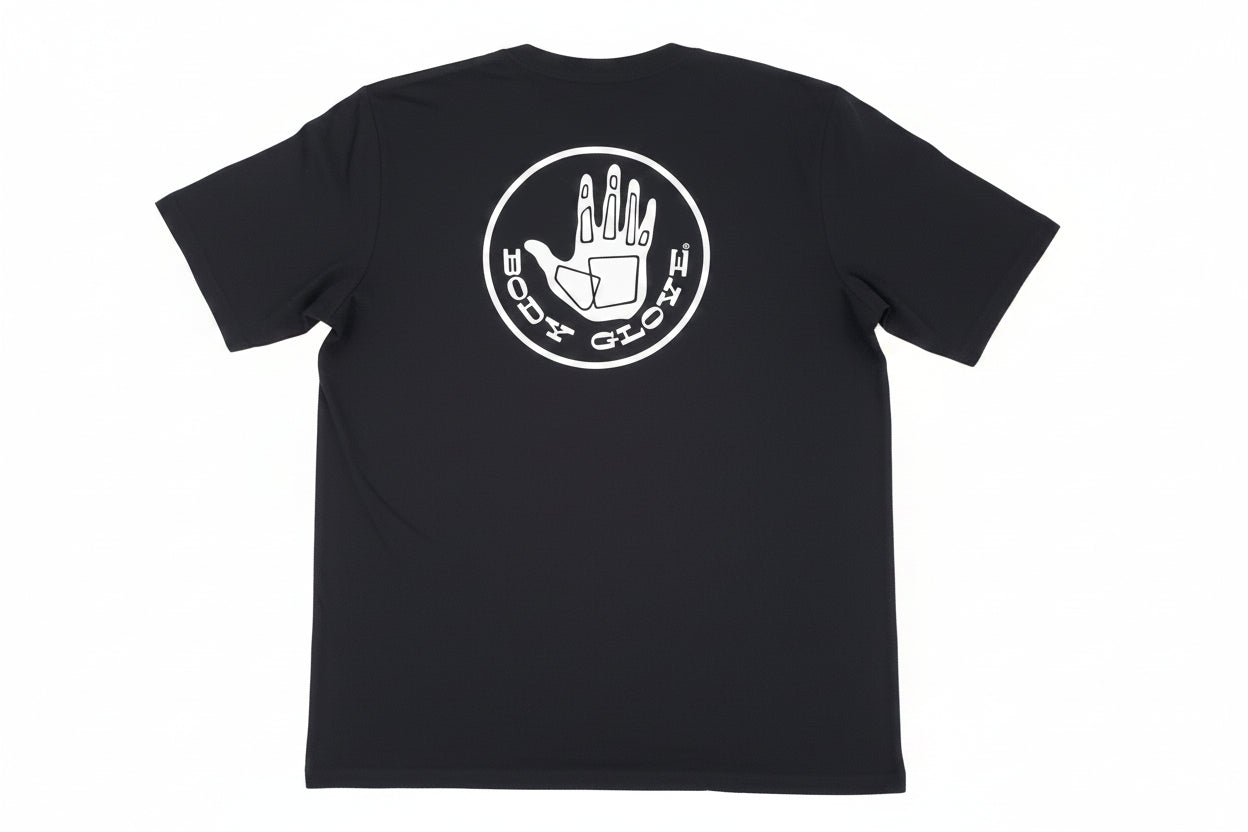 Black t-shirt with white hand graphic and text on a white background