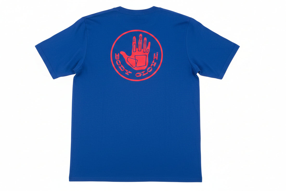 royal blue t-shirt with red hand graphic and text on a white background