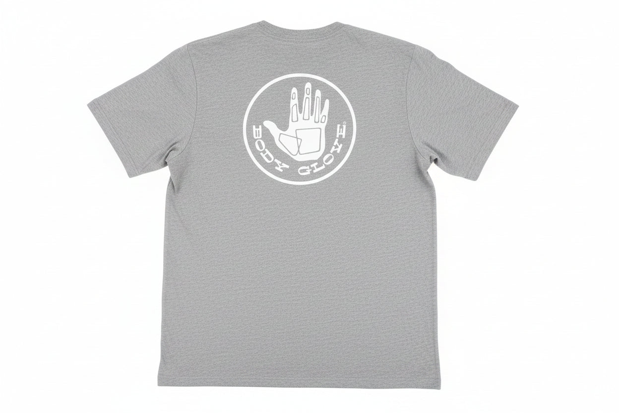 heather grey t-shirt with white hand graphic and text on a white background