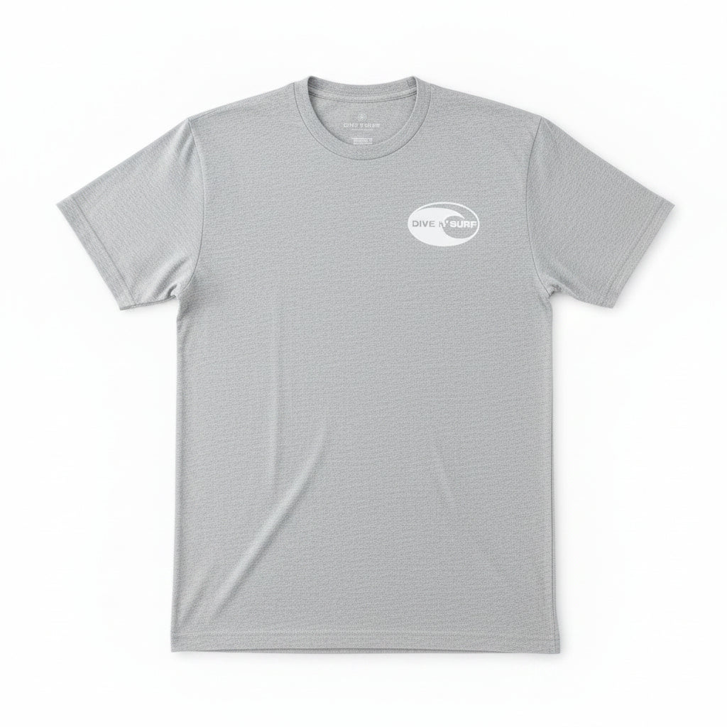 heather grey t-shirt with a logo on a white background