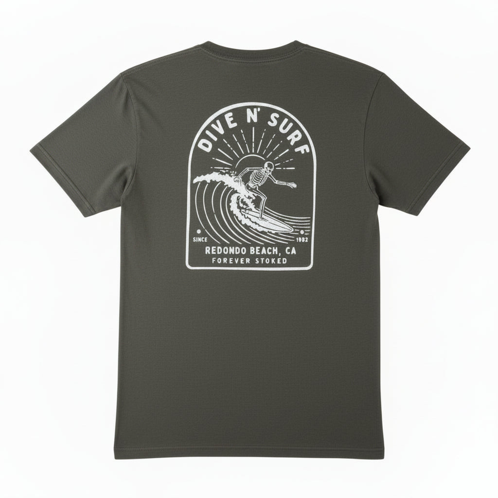 heavy metal grey t-shirt with white graphic design on a white background
