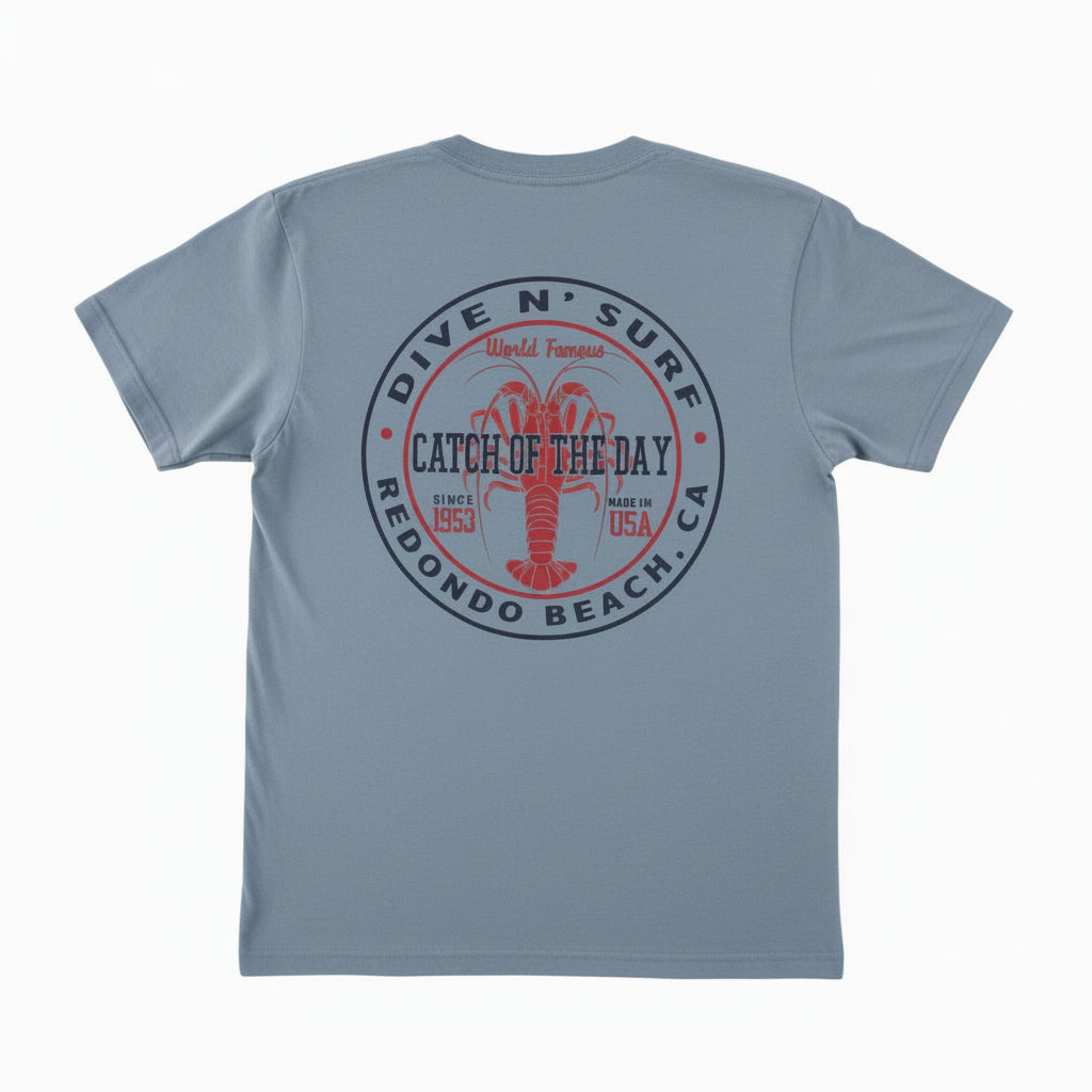 grey t-shirt with red and black graphic design on a white background