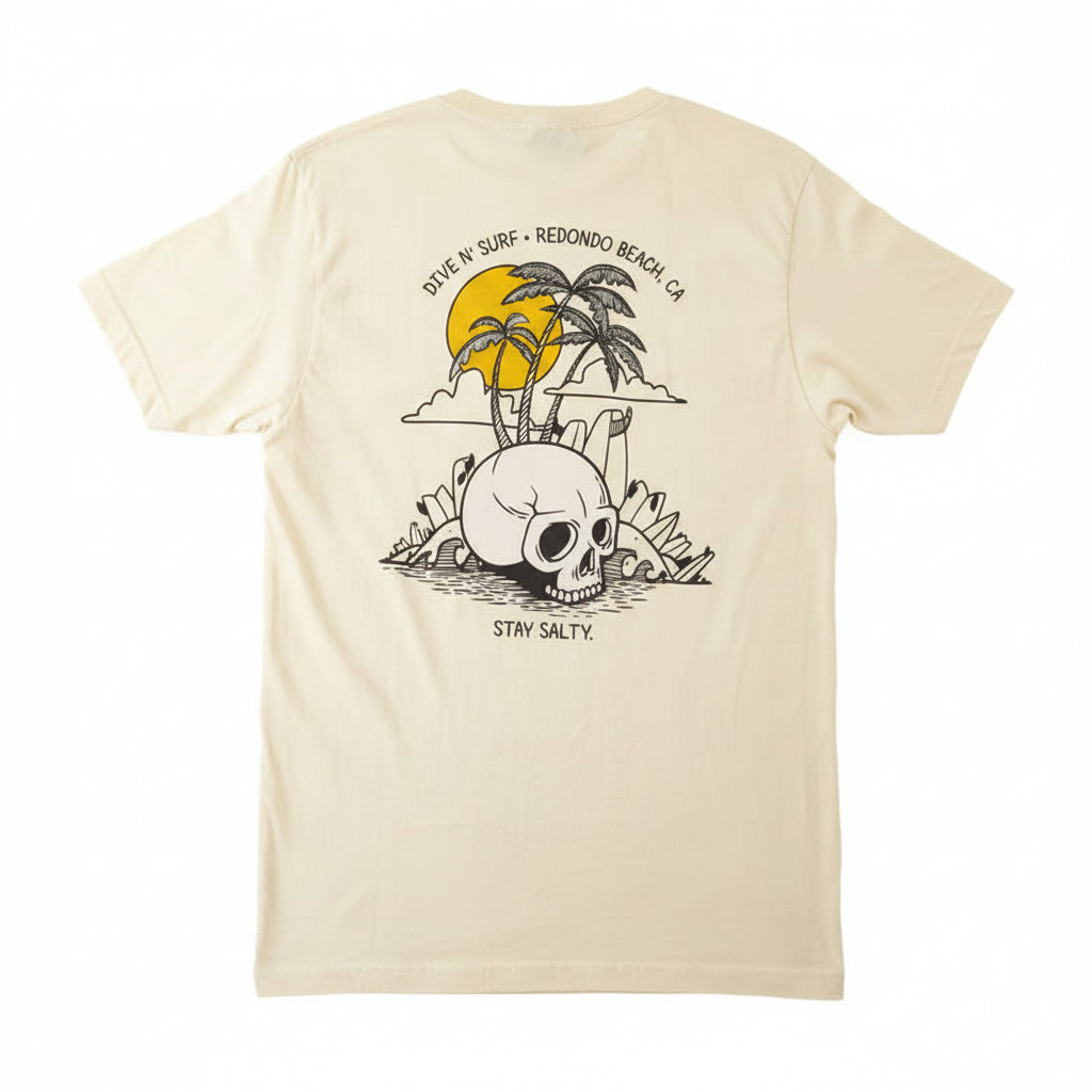 Yellow t-shirt with a graphic design on the back featuring a skull, palm trees, and text.